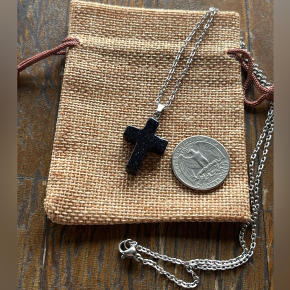 Crystal Cross Necklace Crystal Jewelry Blue Sandstone Necklace Goth Necklace - Picture 3 of 3